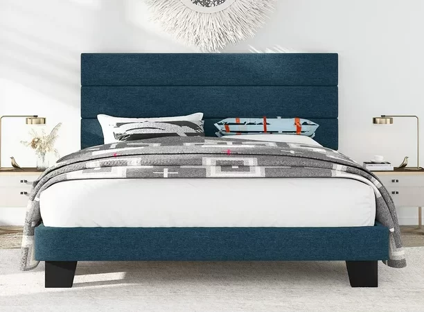 Allewie Full Size Platform Bed Frame with Fabric Upholstered Headboard, Navy Blue cipads freeads
