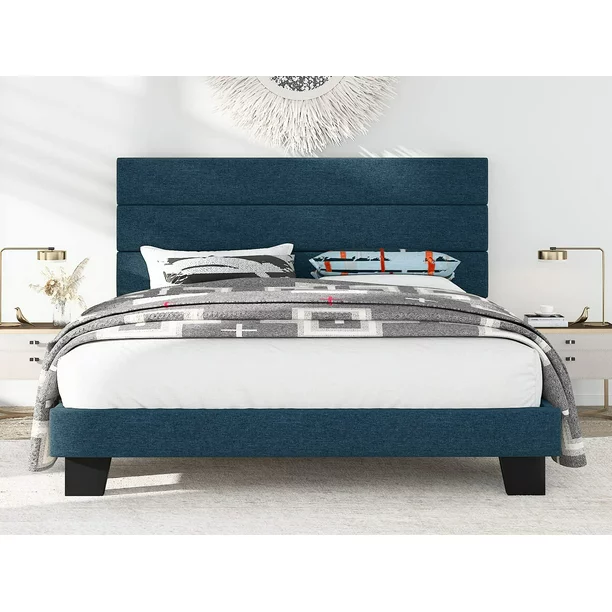 Allewie Full Size Platform Bed Frame with Fabric Upholstered Headboard, Navy Blue cipads freeads