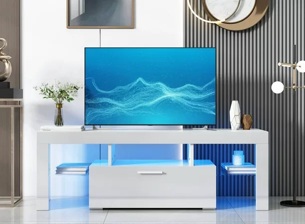 White TV Stand for 55 Inch TV, Modern High Glossy TV Cabinet with 16 Colors LED Lights, Living Room Corner TV Console Table with Storage Drawers and Shelves cipads freeads