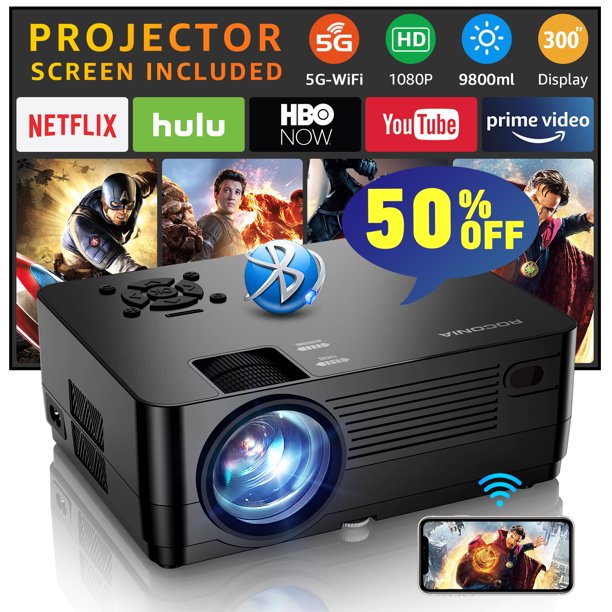 ROCONIA 5G WiFi Bluetooth Native 1080P Projector, 9800LM Full HD Movie Projector, LCD Technology 300" Display Support 4k Home Theater,(Projector Screen Included) cipads freeads