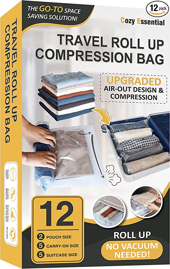 12 Travel Compression Bags Vacuum Packing, Roll Up Travel Space Saver Bags for Luggage, Cruise Ship Essentials (5 Large Roll/5 Medium Roll/2 Small Roll) cipads freeads