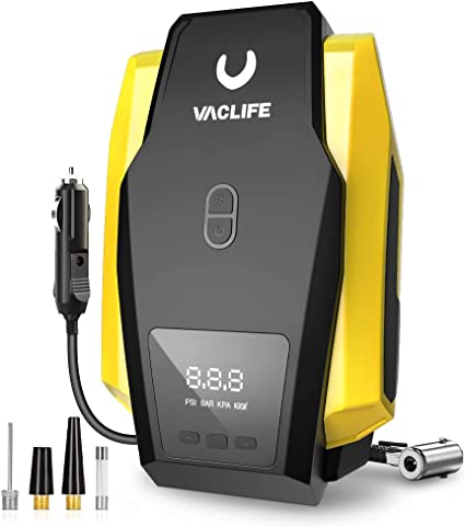 VacLife Tire Inflator Portable Air Compressor - Air Pump for Car Tires (up to 50 PSI), 12V DC Tire Pump for Bikes (up to 150 PSI) w/ LED Light, Digital Pressure Gauge, Model: ATJ-1166, Yellow (VL701) cipads freeads