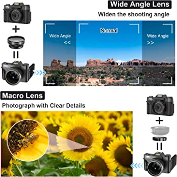 Digital Cameras for Photography, 4K 48MP Vlogging Camera 16X Digital Zoom Manual Focus Rechargeable Students Compact Camera with 52mm Wide-Angle Lens & Macro Lens, 32G Micro Card and 2 Batteries CIPADS FREEADS