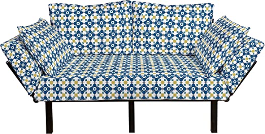 Ambesonne Ethnic Futon Couch, Tile Illustration in Traditional Style Portuguese Azulejo Cultural Heritage, Daybed with Metal Frame Upholstered Sofa for Living Dorm, Loveseat, Blue Yellow White cipads freeads