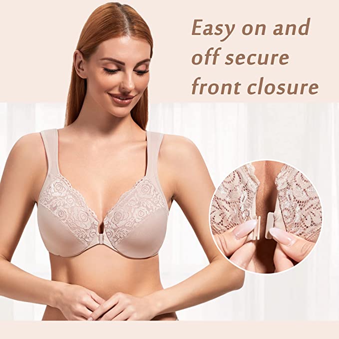 DotVol Women's Plus Size Front Closure U-Back Underwire Wide Strap Everyday Bra cipads freeads