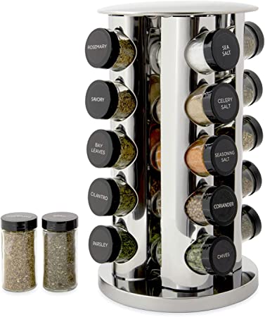 Kamenstein-20-Jar-Revolving-Countertop-Spice-Rack-with-Spices-Included-FREE-Spice-Refills-for-5-Years-Polished-Stainless-Steel-with-Black-Caps-cipads-freeads