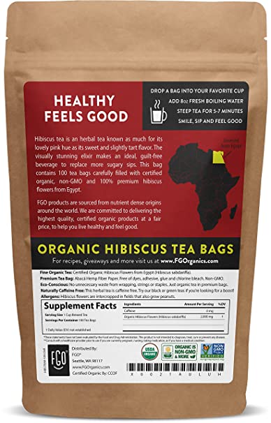 Organic Hibiscus Tea Bags | 100 Tea Bags | Eco-Conscious Tea Bags in Kraft Bag | Raw from Egypt | by FGO cipads freeads