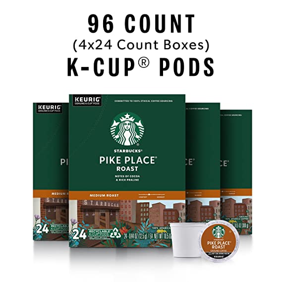 Starbucks K-Cup Coffee Pods—Medium Roast Coffee—Pike Place Roast for Keurig Brewers—100% Arabica—4 boxes (96 pods total) cipads freeads