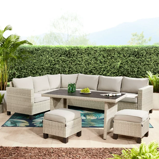 Better Homes & Gardens Brookbury 5-Piece Outdoor Furniture Wicker Sectional Dining Set - Light Gray & Beige cipads freeads