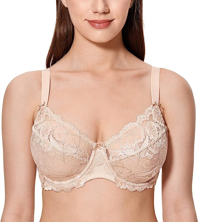 CALVENA Women's Lace Bra Full Coverage Non Padded Underwired Unlined Plus Size Bra for Everyday Comfort cipads freeads