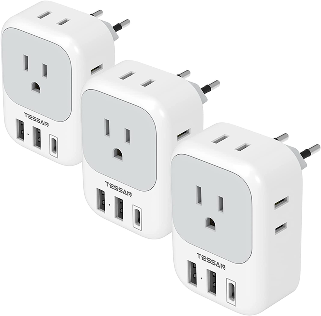 TESSAN 3 Pack European Travel Plug Adapter USB C, US to Europe Power Adapter with 4 AC Outlets and 3 USB (1 USB C), Euro Charger Adaptor Type C for USA to EU Spain France Iceland Italy Germany Greece cipads freeads