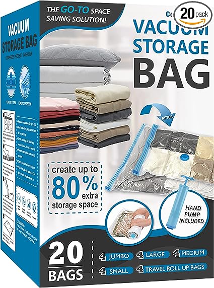 20 Pack Vacuum Storage Bags, Space Saver Bags Compression Storage Bags for Comforters and Blankets, Vacuum Sealer Bags for Clothes Storage, Hand Pump Included cipads freeads