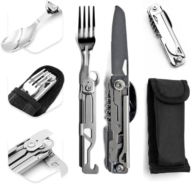 The Camping Utensils - 4 In 1 Stainless Steel, Safety Locking Camping Accessories with Durable Sheath - Compact Multi Tool For Camping With Knive, Spoon, Fork, Bottle Opener by Hayvenhurst cipads freeads