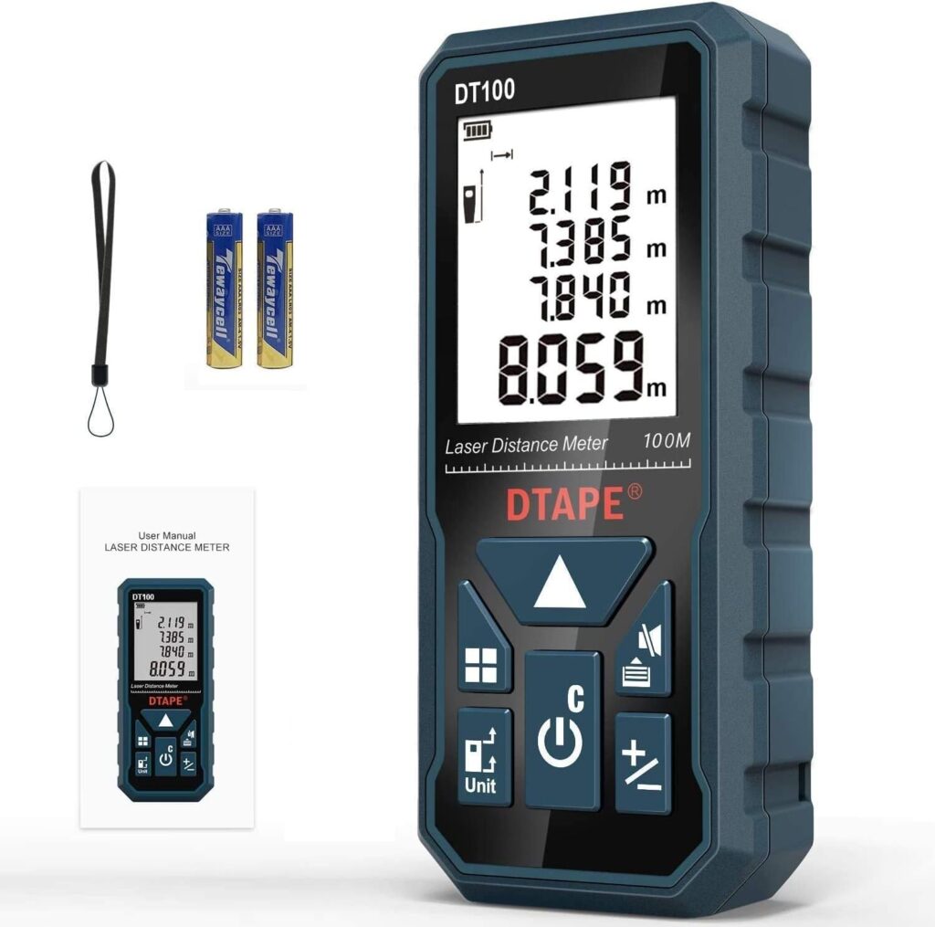 Laser Measure, DTAPE 328 Feet Digital Laser Tape Measure M in Ft Unit Switching Backlit LCD and Pythagorean Mode, Measure Distance, Area and Volume - Hand Strap and Battery Included DT100 cipads freeads