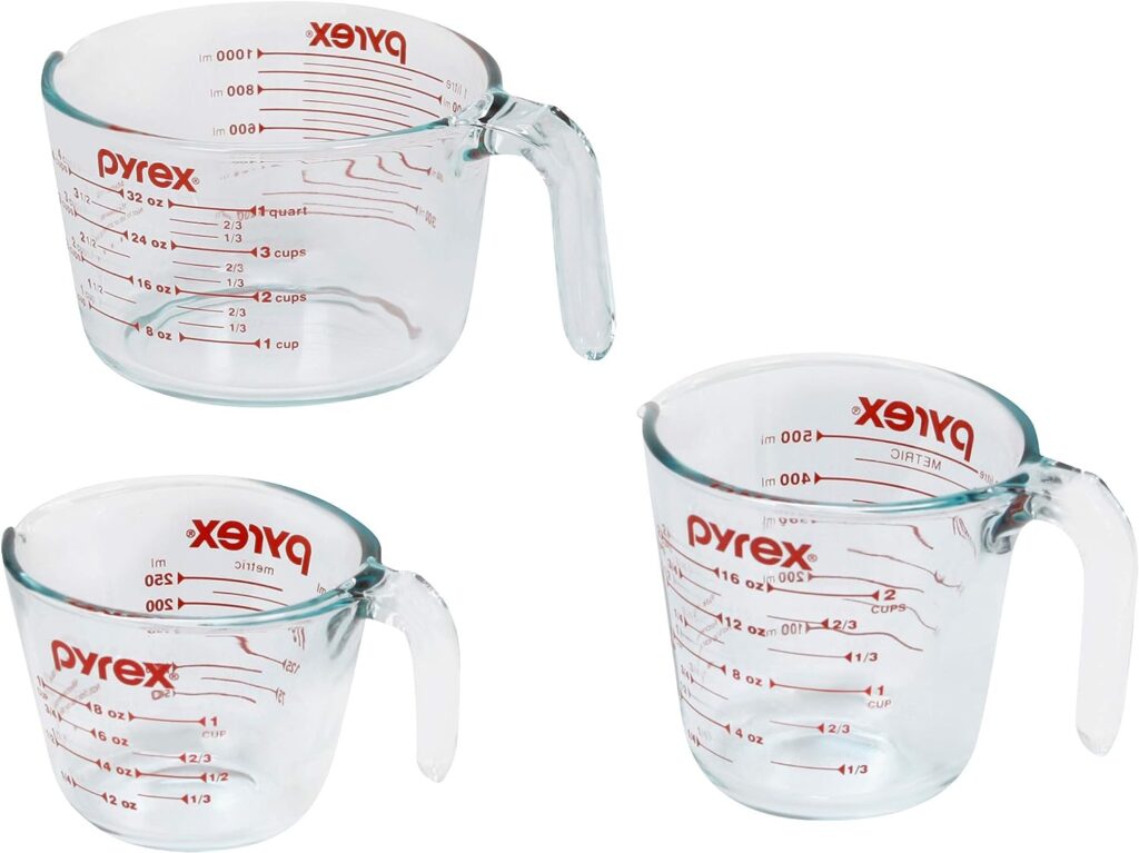 Pyrex 3 Piece Glass Measuring Cup Set, Includes 1-Cup, 2-Cup, and 4-Cup Tempered Glass Liquid Measuring Cups, Dishwasher, Freezer, Microwave, and Preheated Oven Safe, Essential Kitchen Tools cipads freeads 