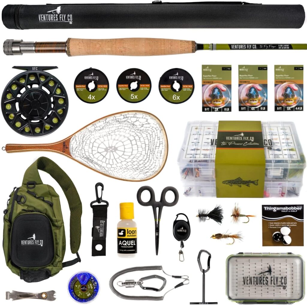 Ventures Fly Co. | Starter Packages | 23 Fly Fishing Accessories Complete Gear Combo | Perfect Beginner Kit | Includes Rod, Reel, Line, Flies, Leader, Tippet, Forceps, Nipper, Floatant & Net cipads freeads