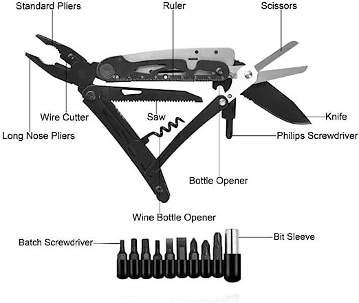 RoverTac Multitool Knife Camping Survival Knife Unique Gifts for Men Dad Husband 18 in 1 Multitools Knife Pliers Scissors Saw Corkscrew Bottle Opener 9-Pack Screwdrivers with Safety Lock Nylon Sheath cipads freeads