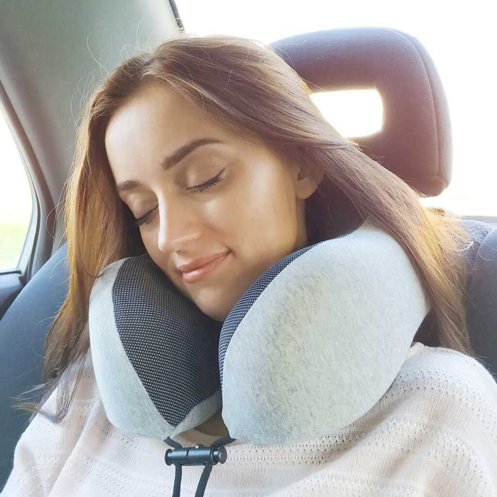 napfun Neck Pillow for Traveling, Upgraded Travel Neck Pillow for Airplane 100% Pure Memory Foam Travel Pillow for Flight Headrest Sleep, Portable Plane Accessories, Light Grey cipads freeads