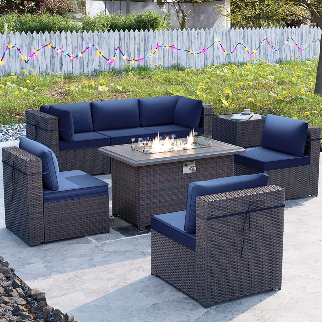 ALAULM 8 Pieces Outdoor Furniture Set with 43" Gas Propane Fire Pit Table PE Wicker Rattan Sectional Sofa Patio Conversation Sets,Navy Blue cipads freeads