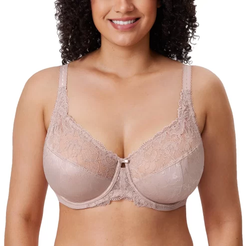 DELIMIRA Women’s Full Coverage Underwire Unlined Minimizer Lace Bra Suportive Plus Size Bras For Woman