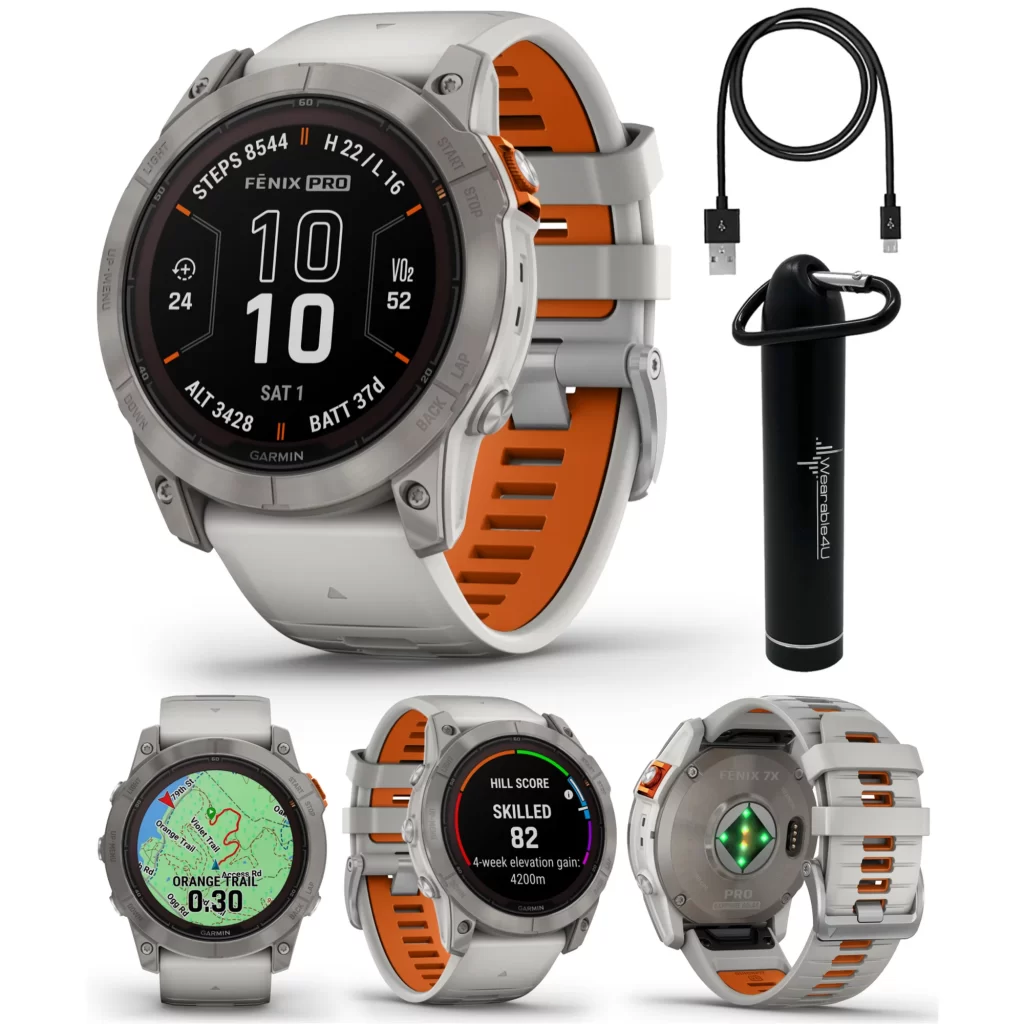 Garmin fenix 7X Pro Solar Sapphire Multisport GPS 51 mm Smartwatch, Titanium, Gray/Orange with Wearable4U Power Bank Bundle cipads freeads