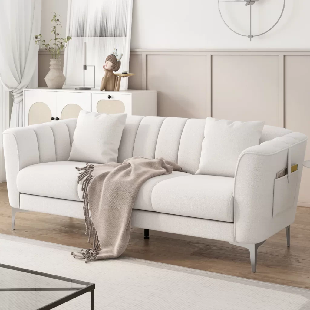 Homfa White Sofa and Couch, 77.2" Modern Chenille Couch with Armrests, Wood Sofa with Pocket and Stainless Steel Legs cipads freeads
