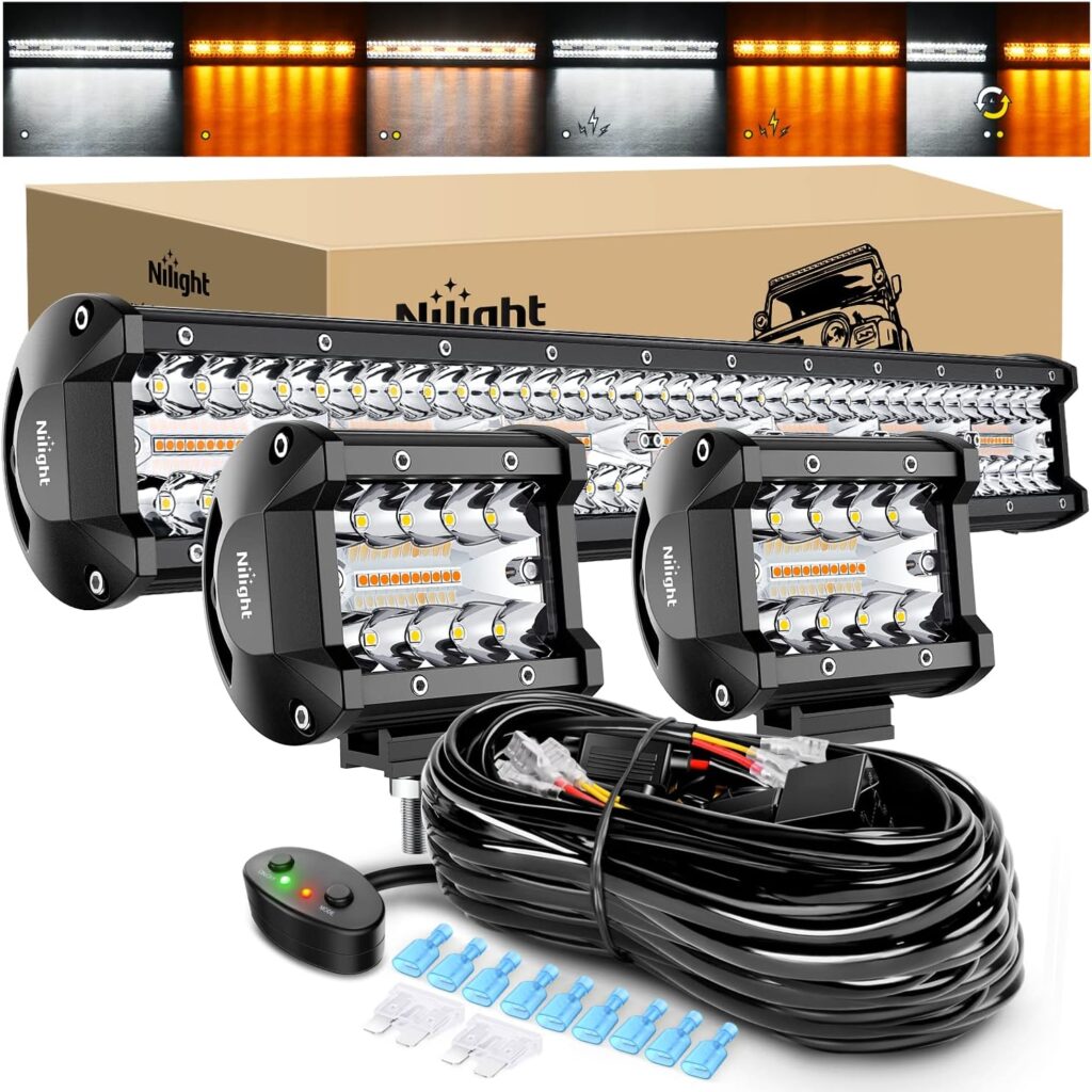 Nilight 20Inch 420W LED Light Bar 2PCS 4Inch 60W Light Pods Amber White Strobe 6 Modes Memory Function Reset Function Off Road Truck with 16AWG Wiring Harness Kit-3 Lead, 2 Years Warranty cipads freeads