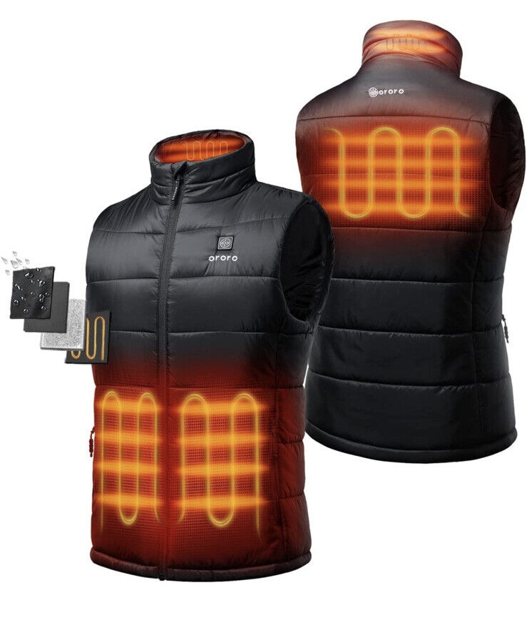 ororo heated vest mens black color whit batery batery pack size M cipads freeads