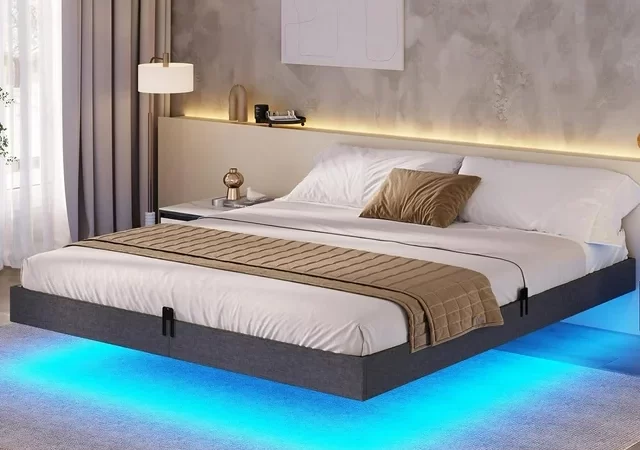 Floating-Bed-Frames-King-Size-Meral-Platform-Bed-with-LED-LightsLinen-Fabric-No-Box-Spring-Needed-Dark-Gray-cipads-freeads