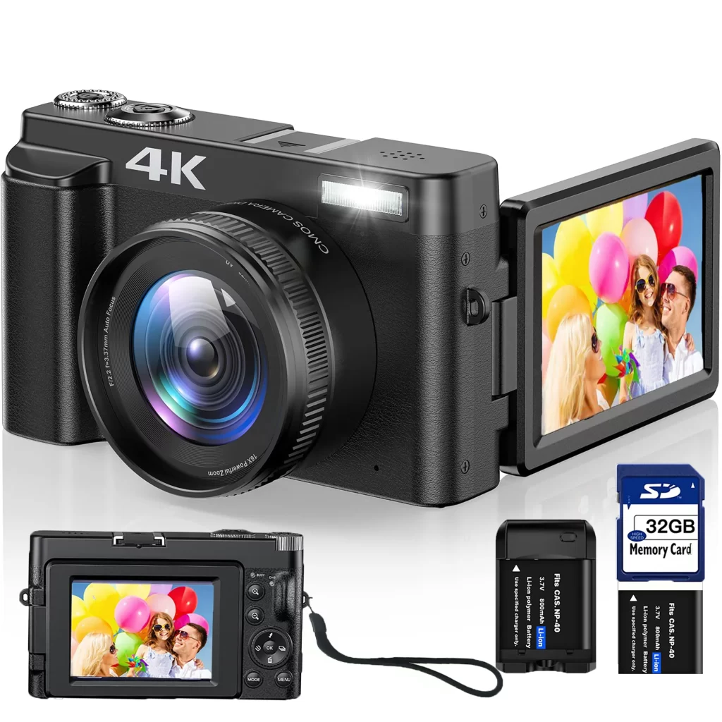 Vlogging Camera 4K Digital Camera for Youtube Autofocus with 32GB SD Card, 180° Flip Screen 16X Digital Zoom 48MP Video Cameras Camcorder for Photography cipads freeads