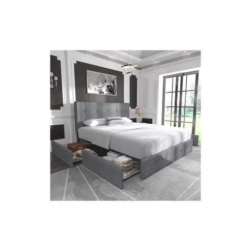 Allewie Light Grey Queen Platform Bed Frame with 4 Drawers Storage and Square Stitched Button Tufted Upholstered Headboard