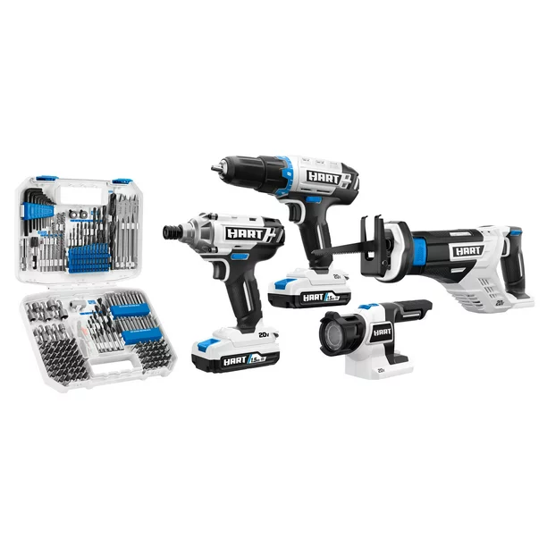HART 20-Volt Cordless 4-Tool Combo Kit with 200-Piece Accessory Kit and 16-inch Storage Bag, (2) 20-Volt 1.5Ah Lithium-Ion Battery