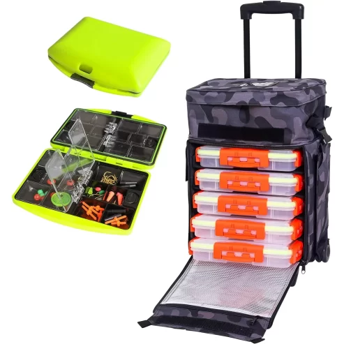 VORVIL Fishing Tackle Box with Rolling Wheels, 5 Heavy-Duty Plastic Lure Boxes, and 184 Pc. Bait Set