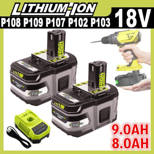 2PACK Battery & charger For RYOBI P108 18V 9Ah 8AH High Capacity Lithium-ion