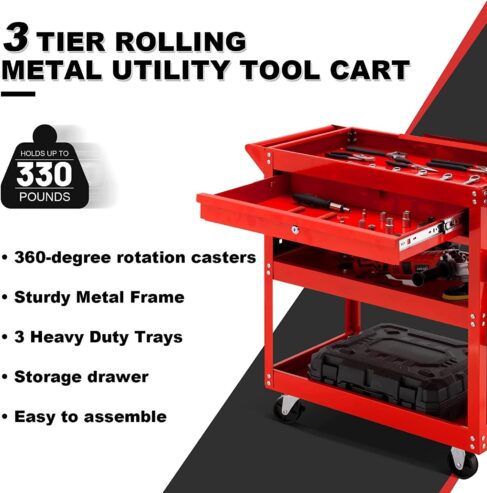 3 Tier Rolling Tool Cart, 330 LBS Capacity Heavy Duty Utility Cart Tool Organize