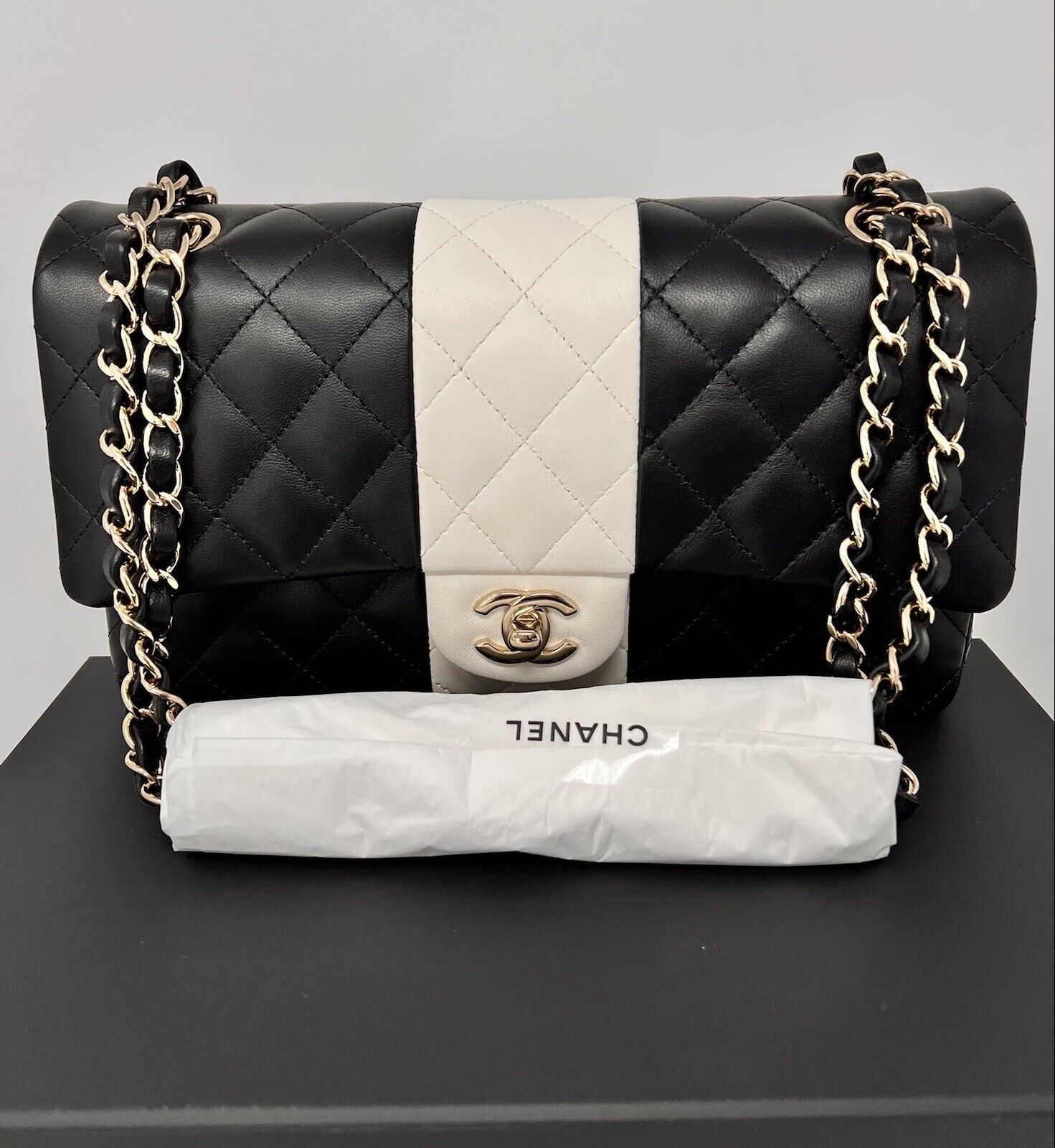 CHANEL Medium Classic Flap Bag LGHW Black & White Limited Ed. 22C RARE