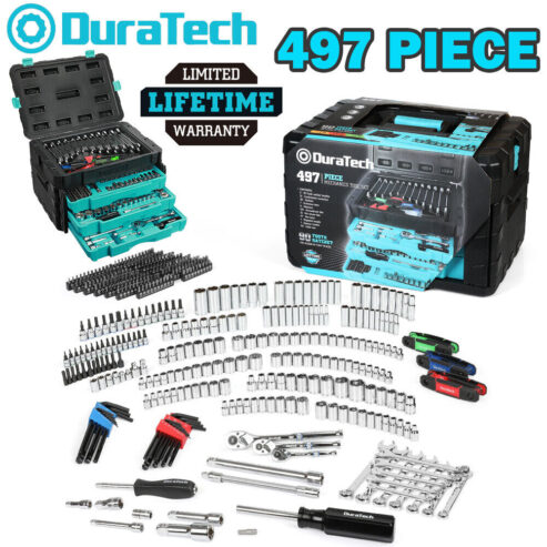 DURATECH 497PC Mechanics Tool Set Automotive SAE/Metric Socket 3 Drawer Case Box