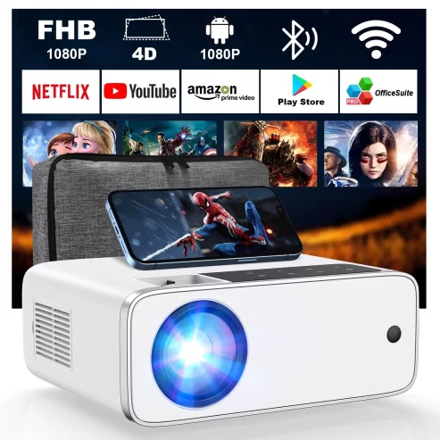 Groview WiFi Bluetooth Projector, 12000 Lux Native 1080P Projector, Android TV 9.0 Outdoor Movie Projector with 100″ Screen, 4K Supports, Home Theater Projector Compatible with Phone/PC/TV Stick.