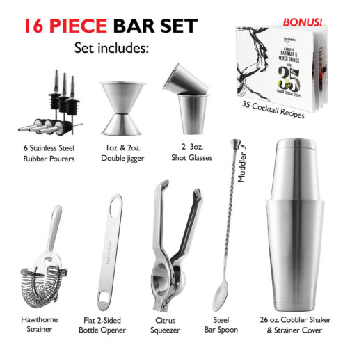 JoyTable JT-BS-16 Cocktail Kit – Silver (16 Piece)