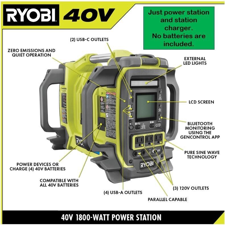 RYOBI 40-Volt 1800-Watt Power Station Lithium Battery Inverter- Station Only