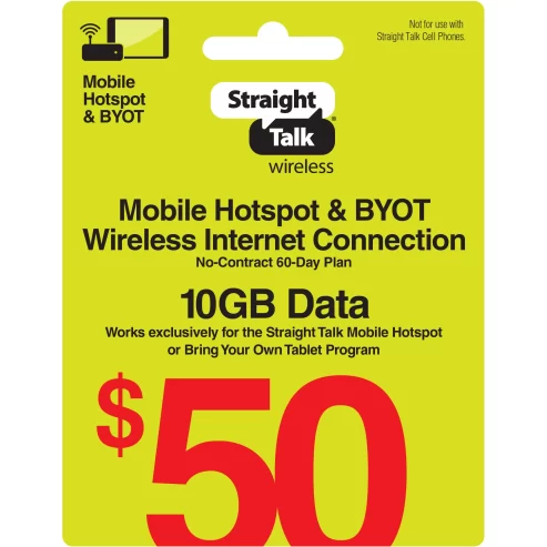 Straight Talk $50 Mobile Hotspot & BYOT Wireless Internet Connection 10GB Data 60-Day Prepaid Plan Direct Top Up