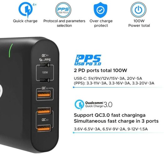 USB C Charger Keypower 100W 5-Port Power Delivery Quick Charger Station