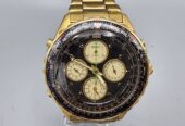 Vintage Seiko Flightmaster Watch men Gold Tone Black Dial Chronograph New Batt