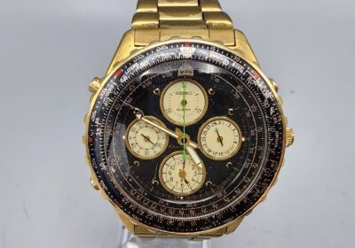 Vintage-Seiko-Flightmaster-Watch-men-Gold-Tone-Black-Dial-Chronograph-New-Batt-cipads-freeads