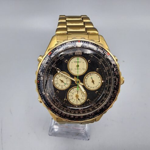 Vintage Seiko Flightmaster Watch men Gold Tone Black Dial Chronograph New Batt