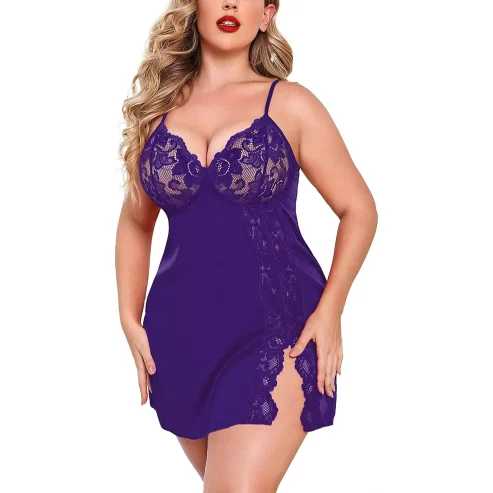 Avidlove Babydoll Lingerie For Women Plus Size Lace Deep V Neck Sexy Sleepwear Nightgown Purple 20W