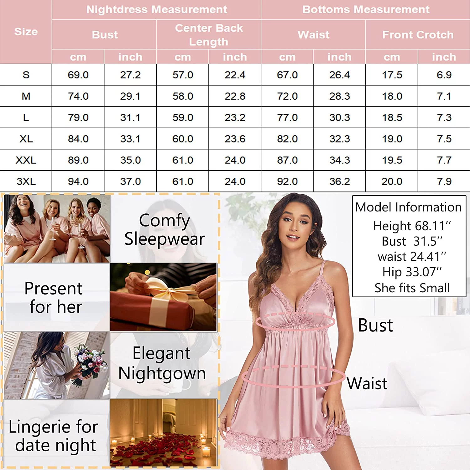 Avidlove Women Sexy Sleepwear Satin Nightgown Silky Chemise Soft Cami Slip Dress Champagne Pink XXL
