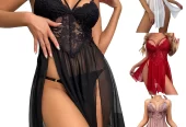 Cathery Sexy Sheer Mesh Nightdress for Women Low Cut See Throug Lingerie Lace Babydoll Chemise Nightgown Sleepwear