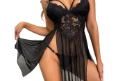 Cathery Sexy Sheer Mesh Nightdress for Women Low Cut See Throug Lingerie Lace Babydoll Chemise Nightgown Sleepwear