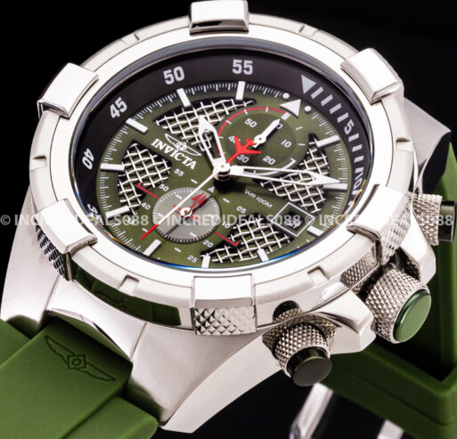 Invicta Men AVIATOR CHRONOGRAPH Silver GREEN Dial Strap MILITARY Style Watch